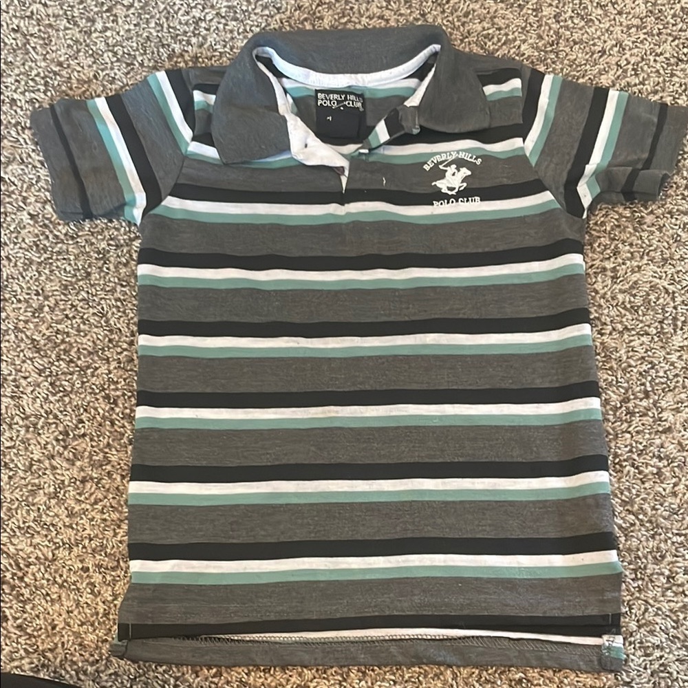 Beverly Hills Polo Club Kids Polo Shirt - Gray, Green, and White Stripes